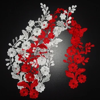 2 чифта червени и бели сватбени дантелен апликации в дребния цветя 34 *10 см BJ0088