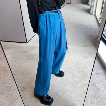 2022 пролетта корейски стил, Персонализирано колан, широки панталони, мъжки ежедневни свободни сини панталони за мъже, размер M-XL