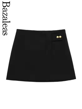 2024 Bazaleas Store Трафика на Официалната Женски Мини полата на копчета, Елегантен Черен Дамски Универсална Тънка пола