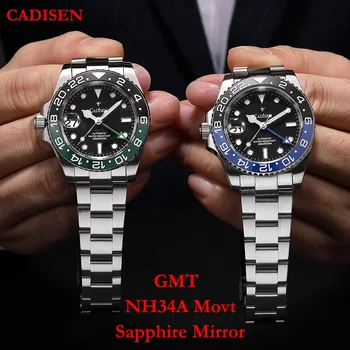 CADISEN Dual Time GMT Мъжки Механични Часовници От Сапфир Стъкло С Лявата часовников механизъм Глава на 200 М Водоустойчива Автоматични Часовници NH34A За Гмуркане