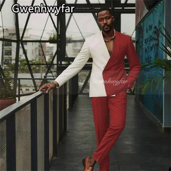 Gwenhwyfar 2023 Модерен Нов Червено-бяло Смесени Мъжки ежедневни костюм от 2 теми, Бизнес офис с костюм (палта + панталони)