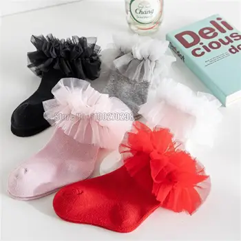 Детски чорапи с кружевными набори за малки момичета, детски чорапи принцеса от мека памучна мрежа с цветен модел, червено-бели чорапи-тръби
