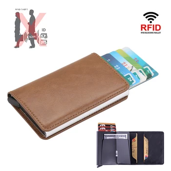 Държач за кредитни карти, мъжки портфейл със защита от RFID заключване, алуминиева кутия, портмоне от изкуствена кожа с клип за пари, държач за карти