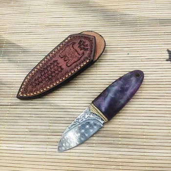 Карманное колие EDC Нож с фиксирано острие от Дамасской стомана с дървена дръжка с ножнами Lenther, улични Тактически кухненски ножове за оцеляване