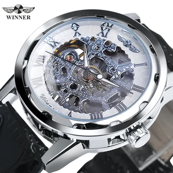 Класически прозрачни механични часовници с виртуален скелет, светещите стрелки, ретро кожена каишка Сребристо-бял цвят, луксозни маркови мъжки часовник WINNER