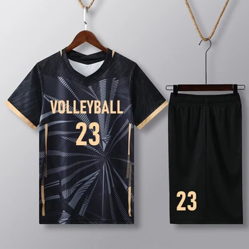 Комплект волейболен тениски с къс ръкав, мъжки волейбол форма, тениска с V-образно деколте, къси панталони с двойни джобове, тренировъчен костюм за волейбол на поръчка