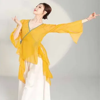 Костюми за народни танци в китайски стил, костюми за изпълнения на класически танцьори, облекло за практика, зелена и жълта рокля за китайските танци, плюс размер 2xl