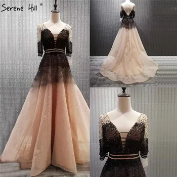 Луксозни вечерни рокли с трапецовидна форма, с къси ръкави в Дубай, черни секси вечерни рокли от тюл с отворен гръб 2023 Serene Hill LA60808