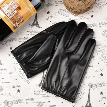 Нови зимни мъжки ръкавици, модерни черни ръкавици от изкуствена кожа, запазва топлината, Ръкавици с пълни пръсти, ръкавици за шофиране със сензорен екран, мъжки ръкавици с вълнена подплата.