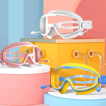 Очила за плуване, силиконови очила за плуване в голяма рамка с затычками за уши, Мъжки И женски Професионални HD-слънчеви очила с защита от замъгляване, Аксесоари за плуване
