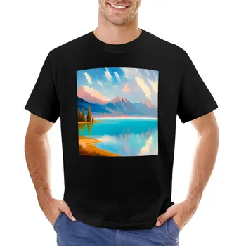 Тениска със заснежени планини и пастельным небе, реколта дрехи, мъжки бели тениски